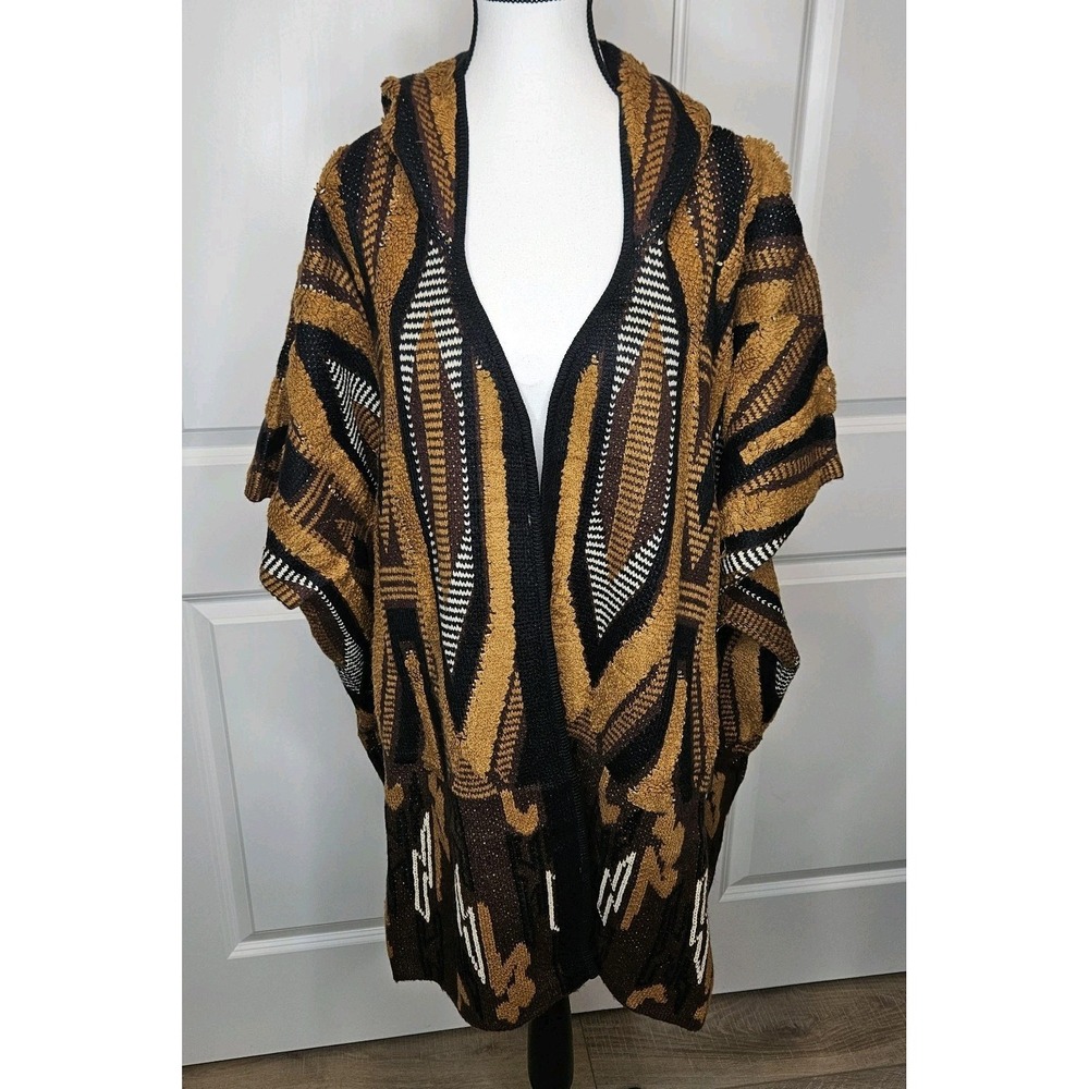 NWT Kerisma Cardigan Shawl Poncho Open Front‎ Hooded Geometric One Size Brown